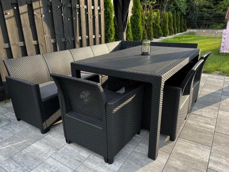 Duży narożnik na taras Nedler VII, stół obiadowy i trzy fotele - grafitowy