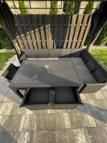 Duży narożnik na taras Nedler VII, stół obiadowy i trzy fotele - grafitowy
