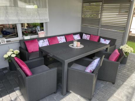 Duży narożnik na taras Nedler VII, stół obiadowy i trzy fotele - grafitowy