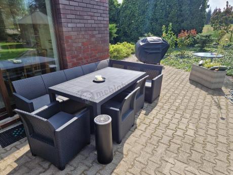 Duży narożnik na taras Nedler VII, stół obiadowy i trzy fotele - grafitowy