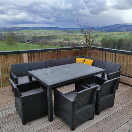 Duży narożnik na taras Nedler VII, stół obiadowy i trzy fotele - grafitowy
