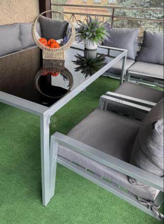 Duży narożnik na taras ze stołem obiadowym fotelami i pufami Sodor Corner XXL - Silver