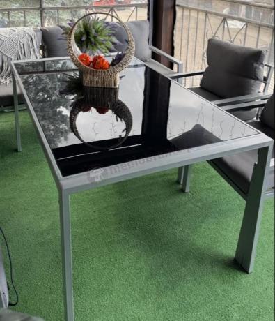 Duży narożnik na taras ze stołem obiadowym fotelami i pufami Sodor Corner XXL - Silver