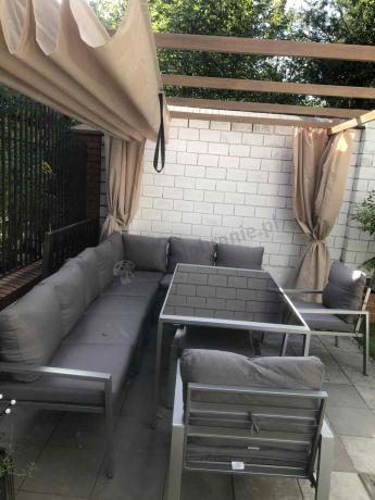 Duży narożnik na taras ze stołem obiadowym fotelami i pufami Sodor Corner XXL - Silver