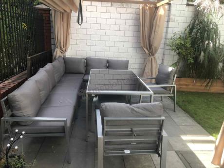 Duży narożnik na taras ze stołem obiadowym fotelami i pufami Sodor Corner XXL - Silver