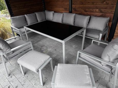 Duży narożnik na taras ze stołem obiadowym fotelami i pufami Sodor Corner XXL - Silver