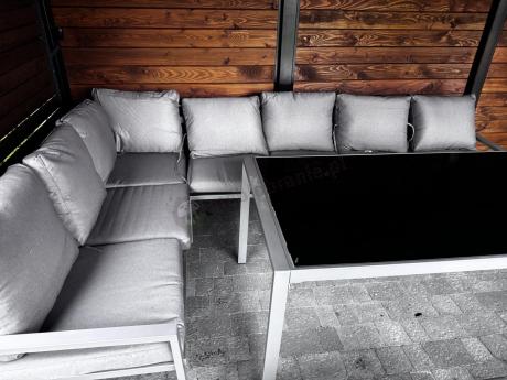 Duży narożnik na taras ze stołem obiadowym fotelami i pufami Sodor Corner XXL - Silver