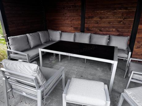 Duży narożnik na taras ze stołem obiadowym fotelami i pufami Sodor Corner XXL - Silver
