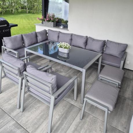 Duży narożnik na taras ze stołem obiadowym fotelami i pufami Sodor Corner XXL - Silver