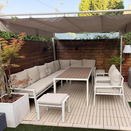 Duży narożnik na taras ze stołem obiadowym fotelami i pufami Sodor Corner XXL - White Polywood