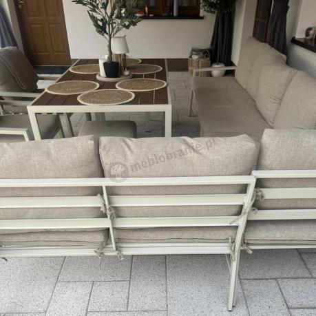 Duży narożnik na taras ze stołem obiadowym fotelami i pufami Sodor Corner XXL - White Polywood