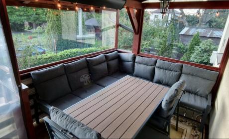 Duży narożnik ogrodowy metalowy 294x184cm Doros Corner XXL z 2 fotelami, 2 pufami i stołem 160cm - Polywood Dark Grey