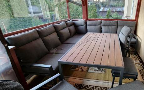 Duży narożnik ogrodowy metalowy 294x184cm Doros Corner XXL z 2 fotelami, 2 pufami i stołem 160cm - Polywood Dark Grey