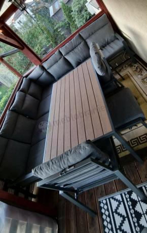 Duży narożnik ogrodowy metalowy 294x184cm Doros Corner XXL z 2 fotelami, 2 pufami i stołem 160cm - Polywood Dark Grey