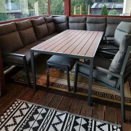 Duży narożnik ogrodowy metalowy 294x184cm Doros Corner XXL z 2 fotelami, 2 pufami i stołem 160cm - Polywood Dark Grey