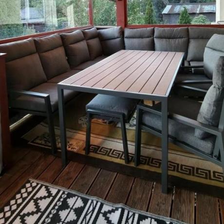 Duży narożnik ogrodowy metalowy 294x184cm Doros Corner XXL z 2 fotelami, 2 pufami i stołem 160cm - Polywood Dark Grey
