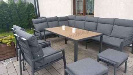 Duży narożnik ogrodowy metalowy 294x184cm Doros Corner XXL z 2 fotelami, 2 pufami i stołem 160cm - Polywood Dark Grey