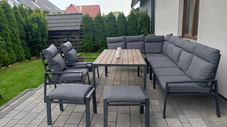 Duży narożnik ogrodowy metalowy 294x184cm Doros Corner XXL z 2 fotelami, 2 pufami i stołem 160cm - Polywood Dark Grey