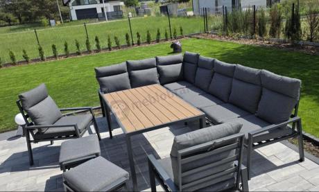 Duży narożnik ogrodowy metalowy 294x184cm Doros Corner XXL z 2 fotelami, 2 pufami i stołem 160cm - Polywood Dark Grey