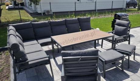 Duży narożnik ogrodowy metalowy 294x184cm Doros Corner XXL z 2 fotelami, 2 pufami i stołem 160cm - Polywood Dark Grey