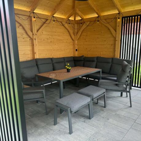Duży narożnik ogrodowy metalowy 294x184cm Doros Corner XXL z 2 fotelami, 2 pufami i stołem 160cm - Polywood Dark Grey