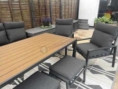 Duży narożnik ogrodowy metalowy 294x184cm Doros Corner XXL z 2 fotelami, 2 pufami i stołem 160cm - Polywood Dark Grey