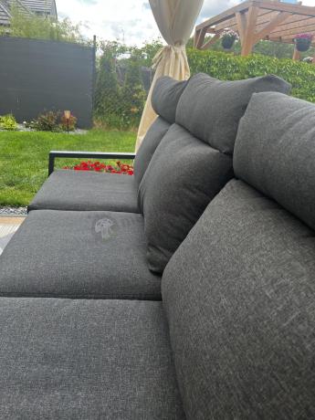 Duży narożnik ogrodowy metalowy 294x184cm Doros Corner XXL z 2 fotelami, 2 pufami i stołem 160cm - Polywood Dark Grey