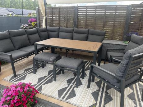 Duży narożnik ogrodowy metalowy 294x184cm Doros Corner XXL z 2 fotelami, 2 pufami i stołem 160cm - Polywood Dark Grey