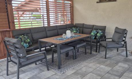 Duży narożnik ogrodowy metalowy 294x184cm Doros Corner XXL z 2 fotelami, 2 pufami i stołem 160cm - Polywood Dark Grey