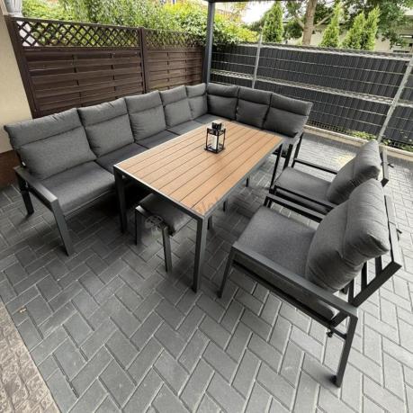 Duży narożnik ogrodowy metalowy 294x184cm Doros Corner XXL z 2 fotelami, 2 pufami i stołem 160cm - Polywood Dark Grey