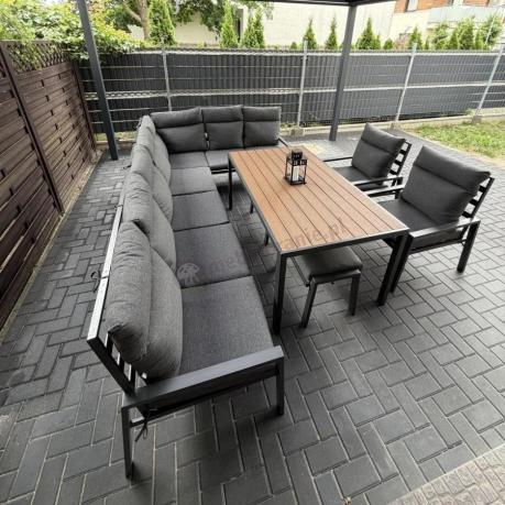Duży narożnik ogrodowy metalowy 294x184cm Doros Corner XXL z 2 fotelami, 2 pufami i stołem 160cm - Polywood Dark Grey
