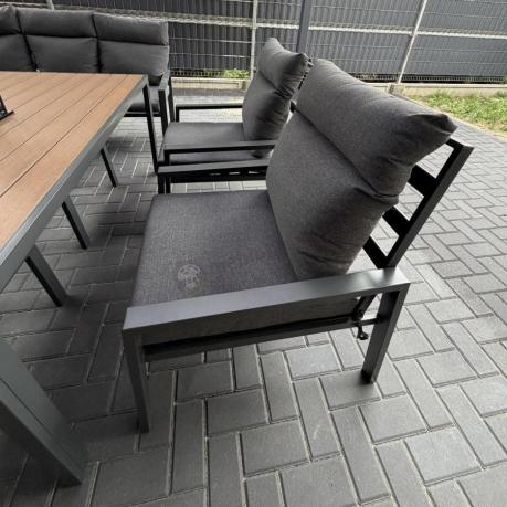 Duży narożnik ogrodowy metalowy 294x184cm Doros Corner XXL z 2 fotelami, 2 pufami i stołem 160cm - Polywood Dark Grey