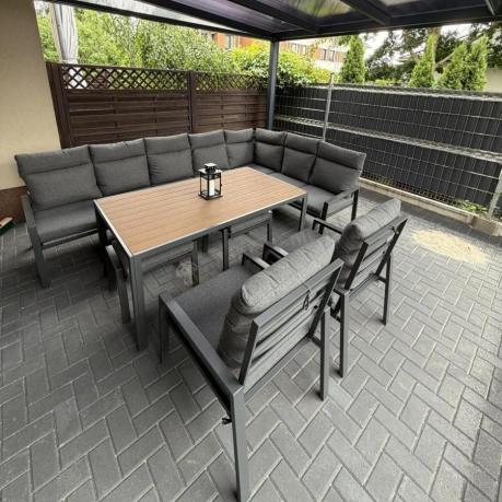 Duży narożnik ogrodowy metalowy 294x184cm Doros Corner XXL z 2 fotelami, 2 pufami i stołem 160cm - Polywood Dark Grey