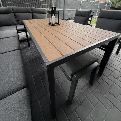 Duży narożnik ogrodowy metalowy 294x184cm Doros Corner XXL z 2 fotelami, 2 pufami i stołem 160cm - Polywood Dark Grey