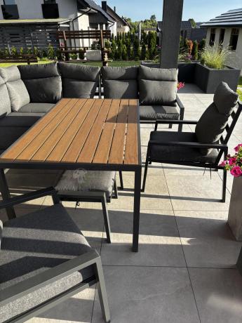 Duży narożnik ogrodowy metalowy 294x184cm Doros Corner XXL z 2 fotelami, 2 pufami i stołem 160cm - Polywood Dark Grey