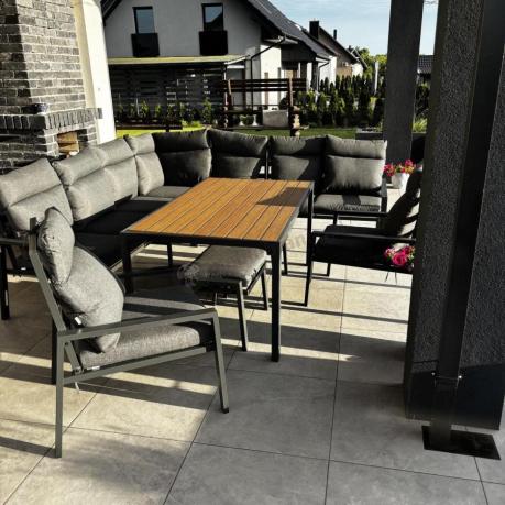 Duży narożnik ogrodowy metalowy 294x184cm Doros Corner XXL z 2 fotelami, 2 pufami i stołem 160cm - Polywood Dark Grey