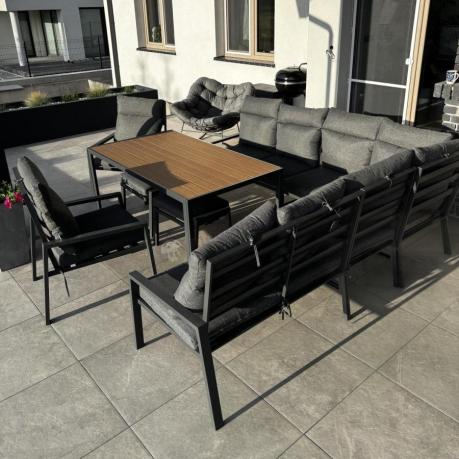 Duży narożnik ogrodowy metalowy 294x184cm Doros Corner XXL z 2 fotelami, 2 pufami i stołem 160cm - Polywood Dark Grey
