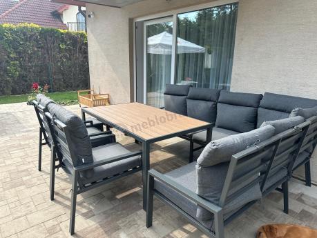 Duży narożnik ogrodowy metalowy 294x184cm Doros Corner XXL z 2 fotelami, 2 pufami i stołem 160cm - Polywood Dark Grey