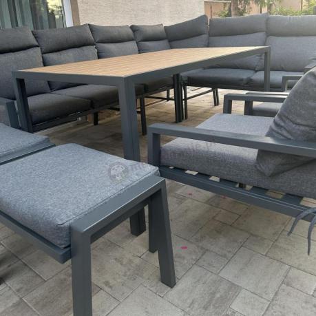 Duży narożnik ogrodowy metalowy 294x184cm Doros Corner XXL z 2 fotelami, 2 pufami i stołem 160cm - Polywood Dark Grey