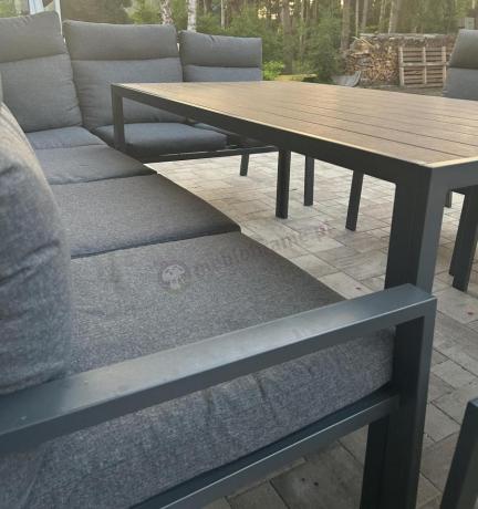 Duży narożnik ogrodowy metalowy 294x184cm Doros Corner XXL z 2 fotelami, 2 pufami i stołem 160cm - Polywood Dark Grey