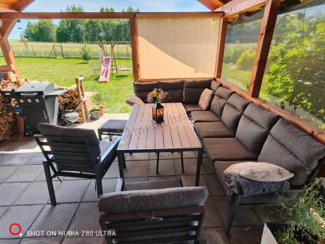 Duży narożnik ogrodowy metalowy 294x184cm Doros Corner XXL z 2 fotelami, 2 pufami i stołem 160cm - Polywood Dark Grey