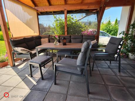 Duży narożnik ogrodowy metalowy 294x184cm Doros Corner XXL z 2 fotelami, 2 pufami i stołem 160cm - Polywood Dark Grey