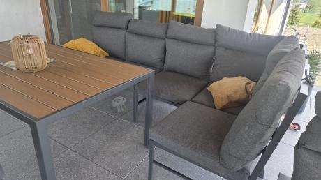 Duży narożnik ogrodowy metalowy 294x184cm Doros Corner XXL z 2 fotelami, 2 pufami i stołem 160cm - Polywood Dark Grey