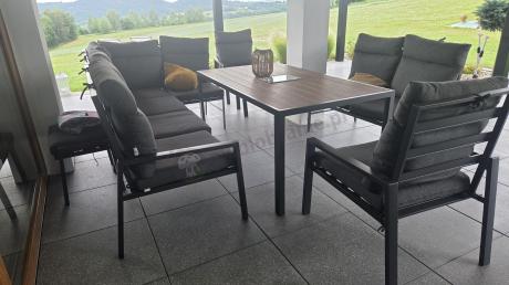 Duży narożnik ogrodowy metalowy 294x184cm Doros Corner XXL z 2 fotelami, 2 pufami i stołem 160cm - Polywood Dark Grey
