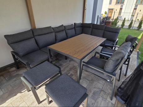 Duży narożnik ogrodowy metalowy 294x184cm Doros Corner XXL z 2 fotelami, 2 pufami i stołem 160cm - Polywood Dark Grey