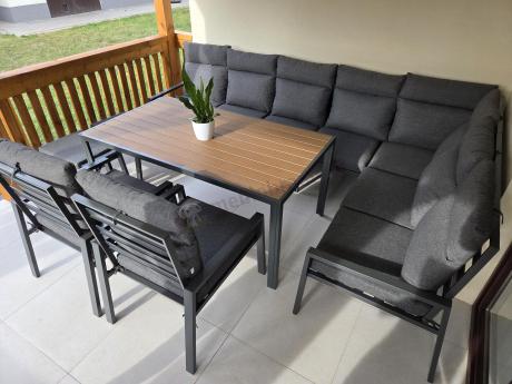 Duży narożnik ogrodowy metalowy 294x184cm Doros Corner XXL z 2 fotelami, 2 pufami i stołem 160cm - Polywood Dark Grey
