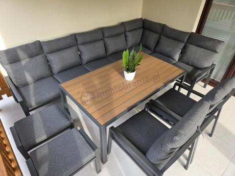 Duży narożnik ogrodowy metalowy 294x184cm Doros Corner XXL z 2 fotelami, 2 pufami i stołem 160cm - Polywood Dark Grey