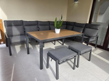 Duży narożnik ogrodowy metalowy 294x184cm Doros Corner XXL z 2 fotelami, 2 pufami i stołem 160cm - Polywood Dark Grey