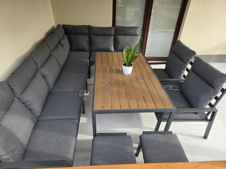 Duży narożnik ogrodowy metalowy 294x184cm Doros Corner XXL z 2 fotelami, 2 pufami i stołem 160cm - Polywood Dark Grey