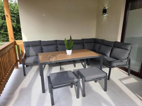 Duży narożnik ogrodowy metalowy 294x184cm Doros Corner XXL z 2 fotelami, 2 pufami i stołem 160cm - Polywood Dark Grey